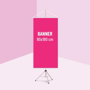 BANNER LONA - 80X180 CM Lona com impressão UV. 80x180 cm. 4x0.  Bastão de madeira, ponteira plástica de acabamento e cordão de nylon. 